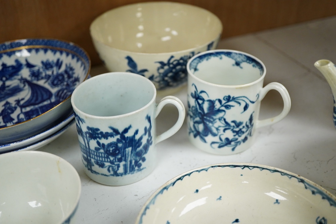A group of 18th century Worcester, Liverpool etc. blue and white tea and coffee wares, teapot 9.5cm high